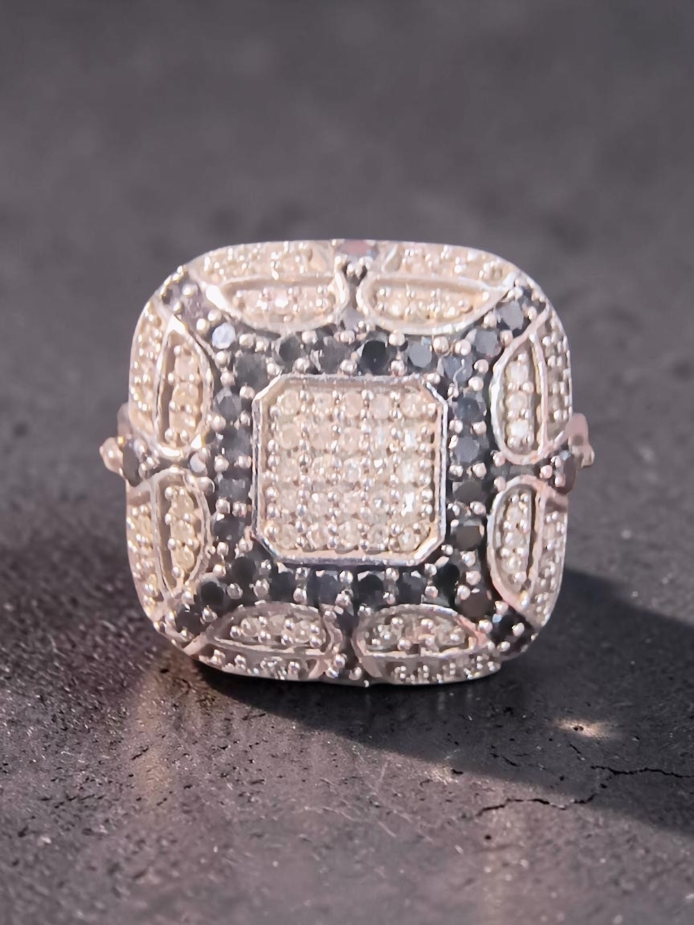 Jane Seymour Pavé Square Black & White Diamond Ring in Sterling Silver